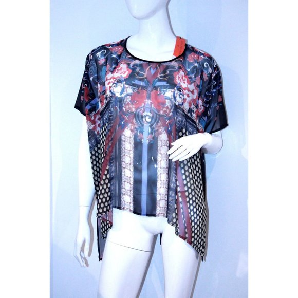 CLOVER CANYON SEE THROUGH SHEER FLORAL PRINT COVER SWIM TOP ASYMMETRIC HEM XS - Picture 1 of 2